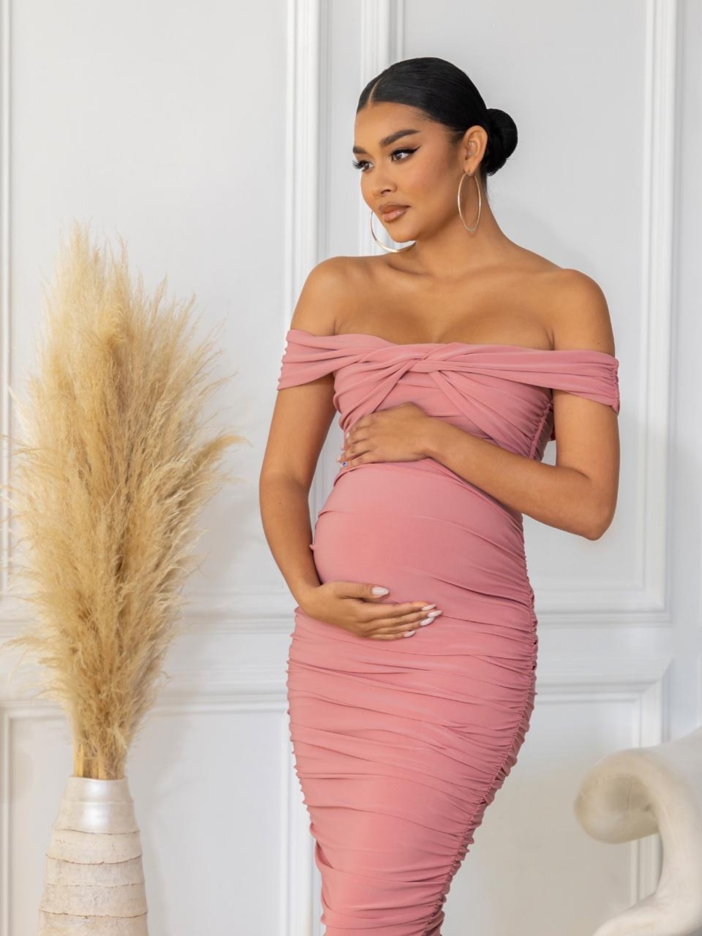 Club L London Perfection Pink Maternity Bardot Ruched Midi Dress US 6 NWT